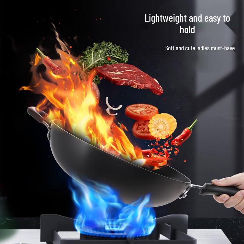 Supor 32cm Flat Bottom Non-Stick Stir-Fry Wok with Lid & Spatula