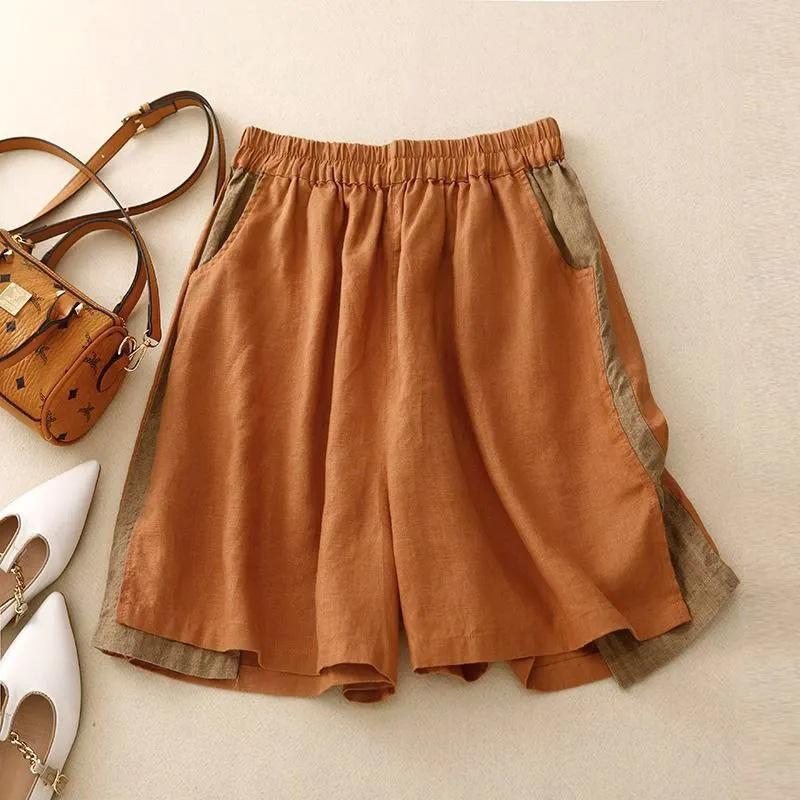 

2024 Women s Cotton Linen Elastic Waist Loose Wide-Leg Casual Shorts M помаранчевий