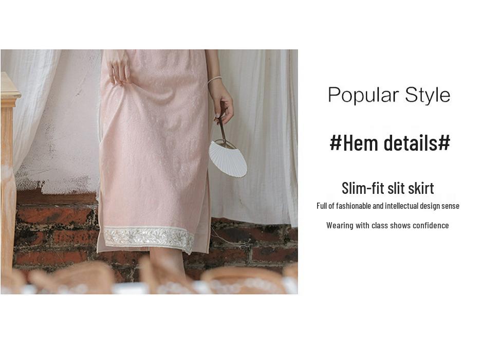 Pink Beaded Embroidered Slim-Fit Cheongsam with Press-Stud Closure
