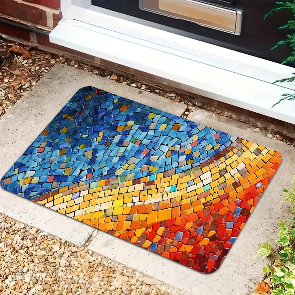 Colorful Mosaic Pattern Welcome Doormat, Non Slip Floor Mat for Kitchen Corridor and Bedroom, Washable High Traffic Home Decor