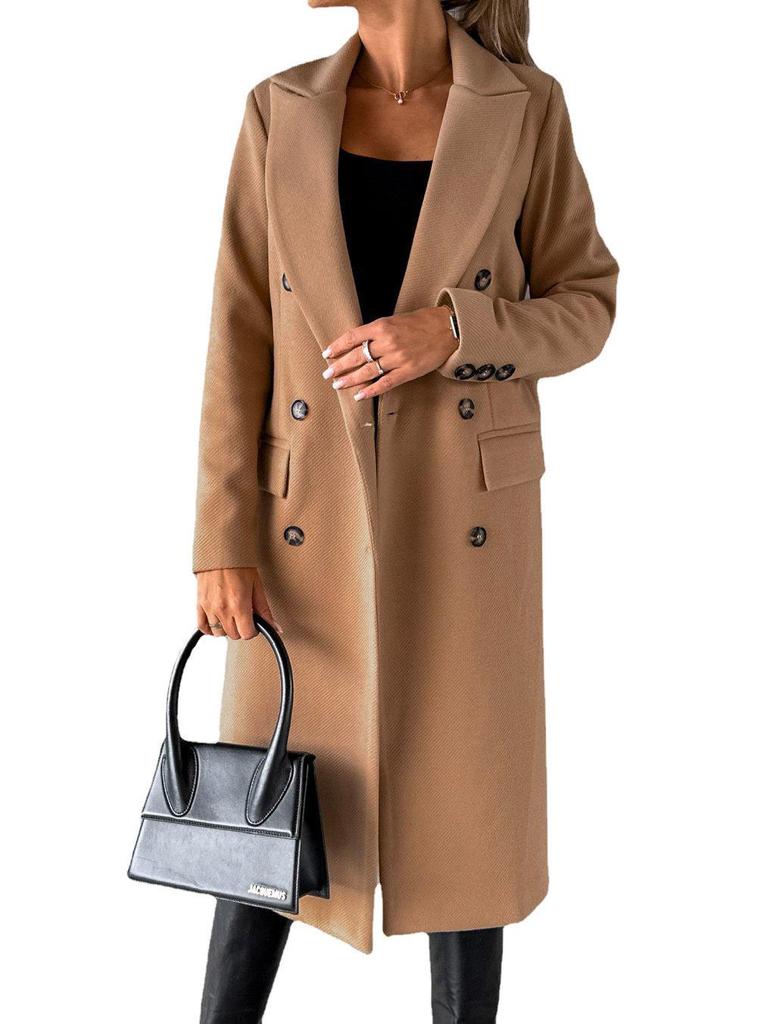 Women's Spring 2025 Versatile Woolen Double-Breasted Long Sleeve Coat with Welt Pockets