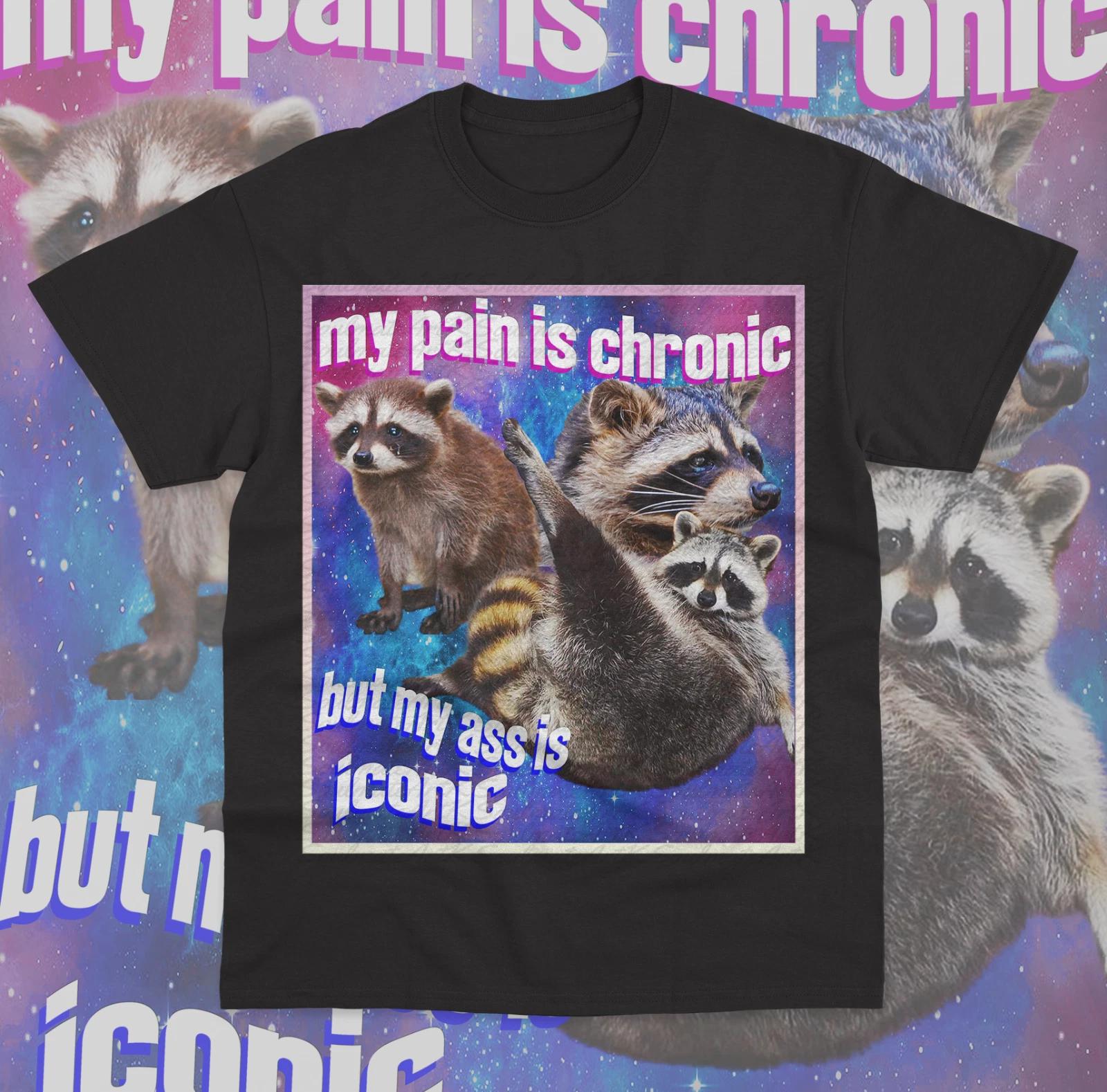 My Pain Is Chronic But My Ass Is Iconic T- Shirt Funny Meme Raccoon Unisex Shirt L