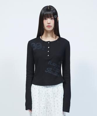LMR Lettering Graphic Waffle Henley Neck Long Sleeve T-Shirt Black