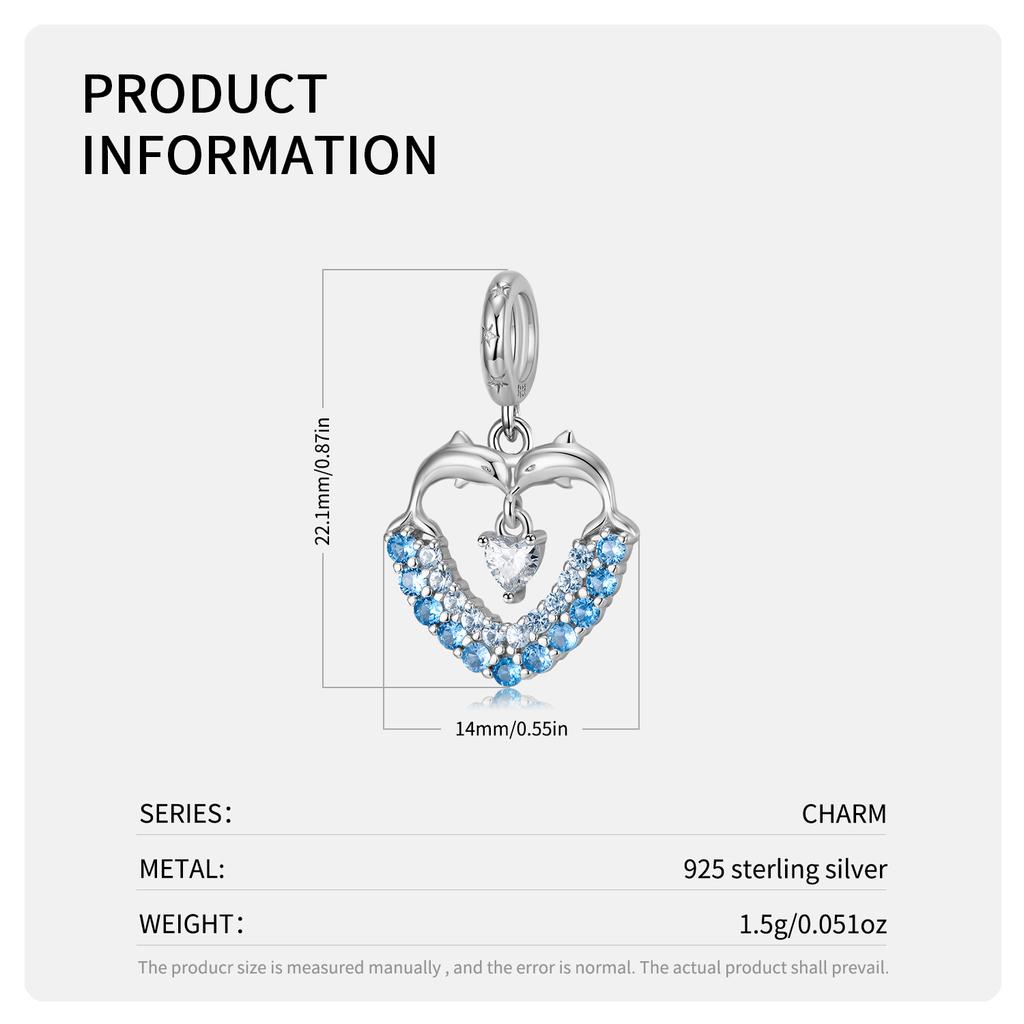 Genuine 925 Sterling Silver Blue Sea World Shark Embrace Love Heart Dolphin Collection Charms Love Pendant Fit for Charm Bracelet Beads