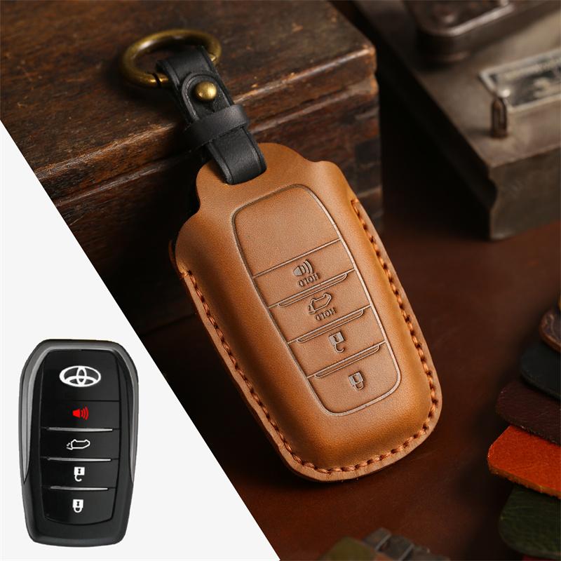 Genuine Leather Car Key Cover Case Shell for Toyota RAV4 Yaris C-HR Hilux Fortuner Land Cruiser Camry Coralla Crown Highland