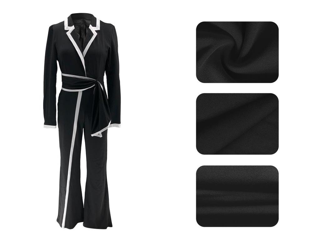 Europäischer & Amerikanischer Mode-Jumpsuit mit Gürtel, Patchwork, Langarm, Herbst/Winter-Stil
