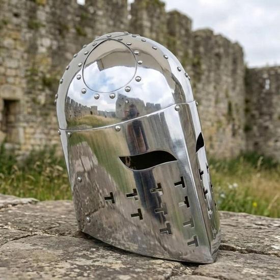 Crusader Knight Great Helm, Medieval Steel Polished Sugarloaf Helmet 14th Century Armor