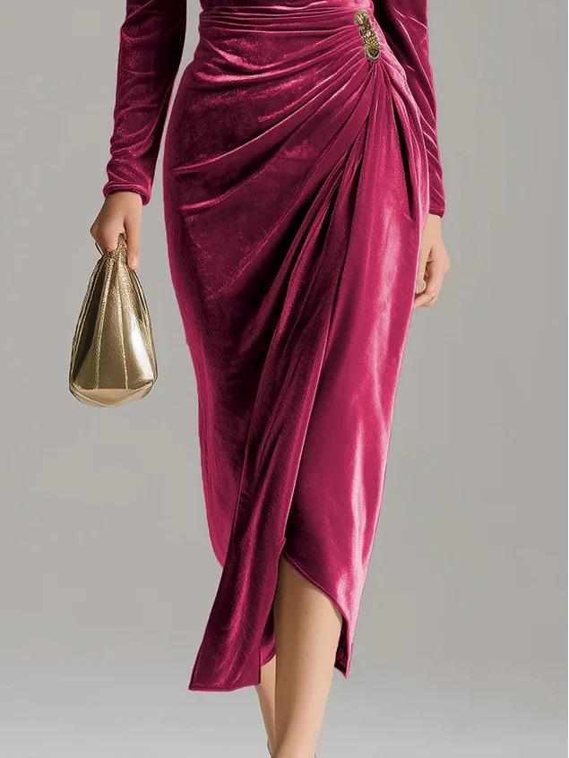 2025 Women's Casual Golden Velvet Slim Fit Long Sleeve Pleated Split Dress