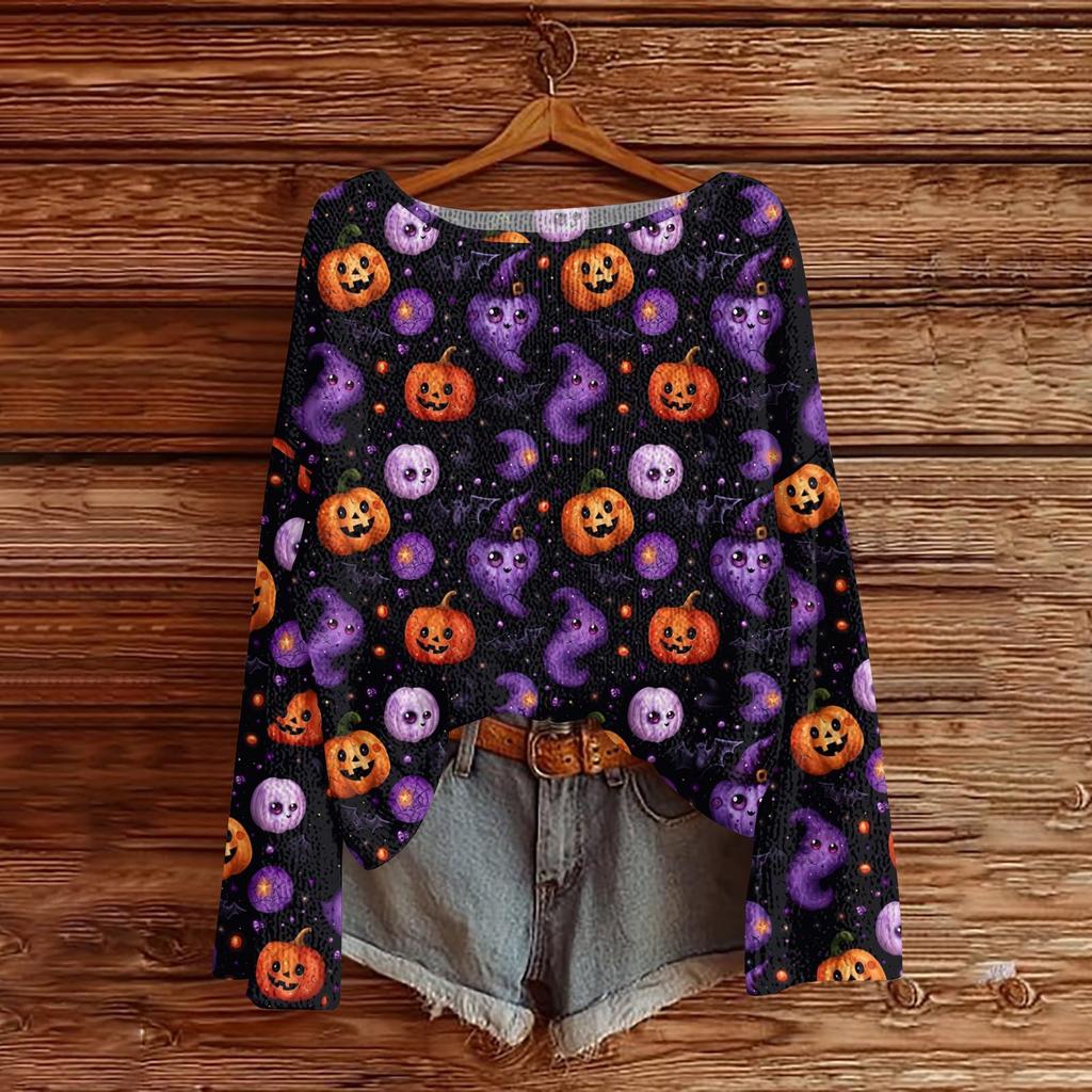 Womens  Fall Sweaters Long Sleeve Print Tops Pullover Sweaters Loose Dressy Casual Basic Clothes