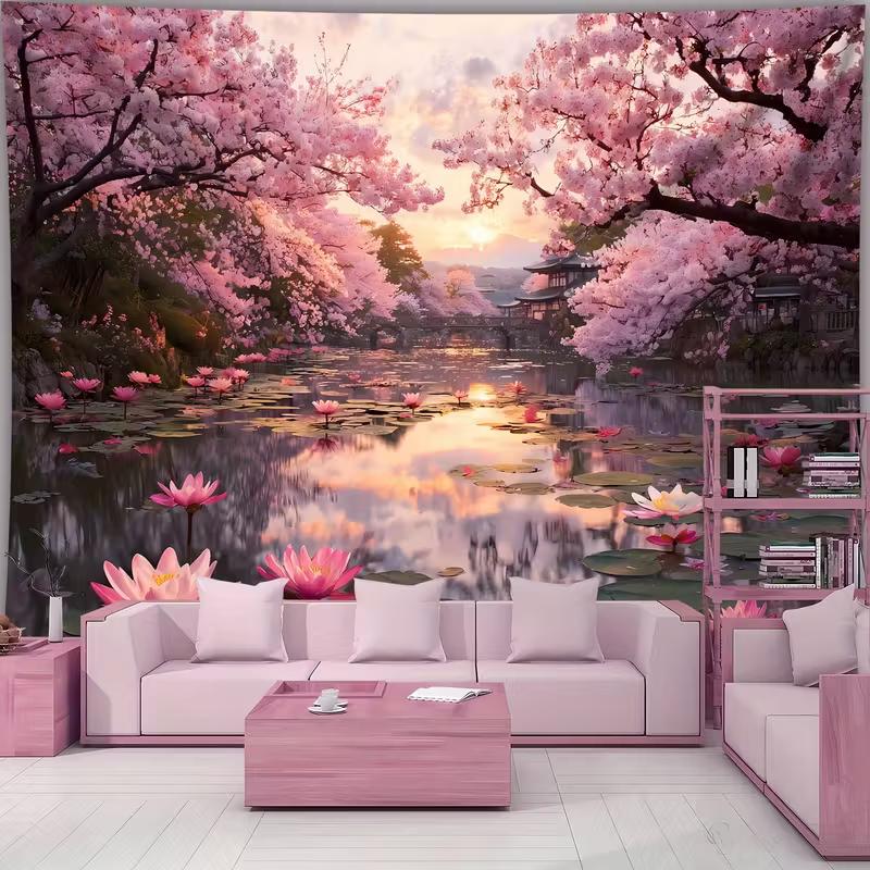 

2D Romantic Sakura Pond Tapestry, Blooming Cherry Blossoms and Water Lilies at Sunset Wall Hanging 47.2x31.5inch/120*80cm