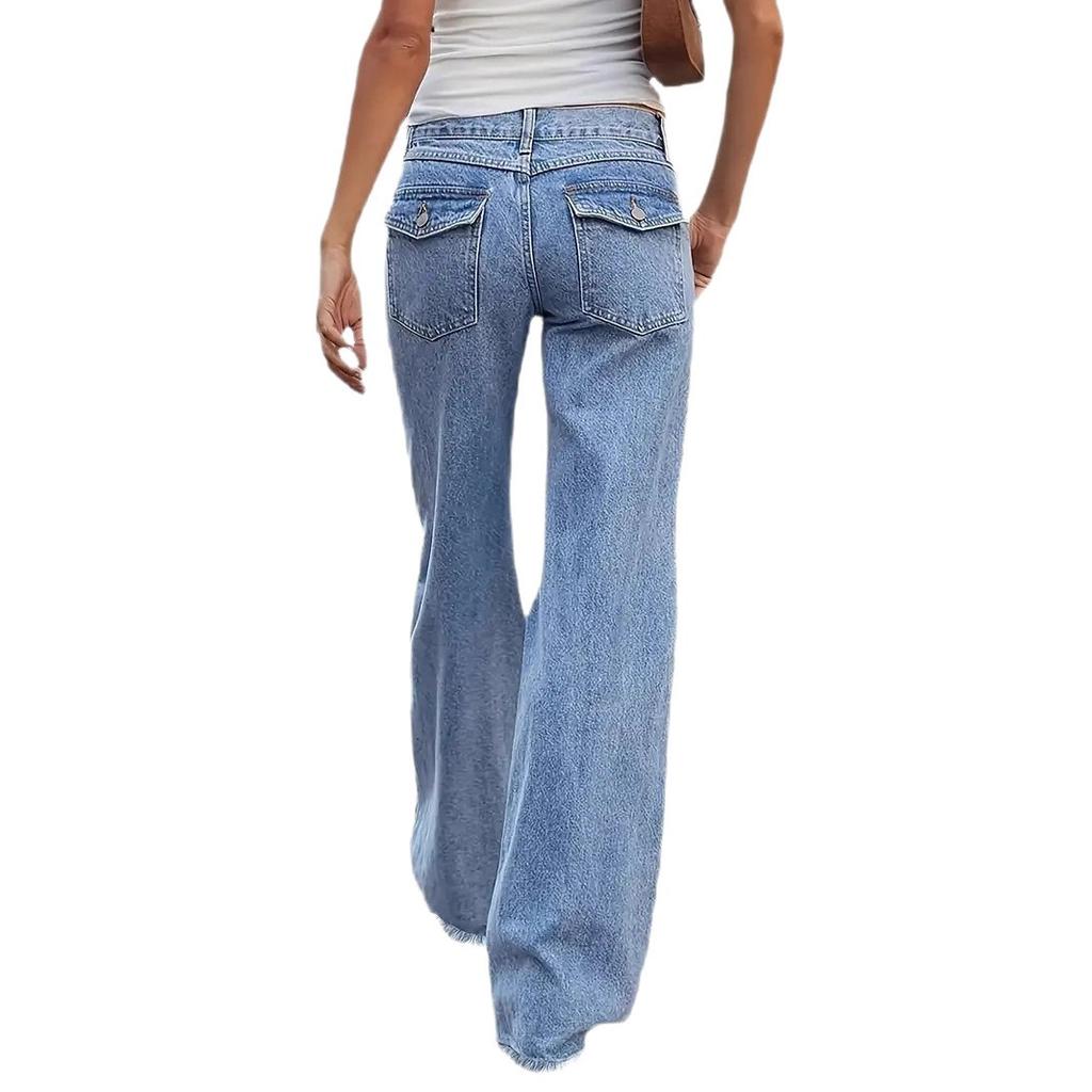 Frühling und Sommer Neue Vintage Jeans mit Fransen und Weiter Beinform mit Großen Lockeren Taschen für Damen