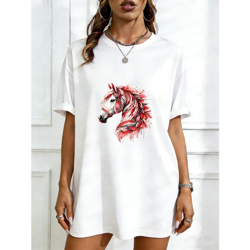 

Oversized T-Shirt Black Horse Head With Red Floral Design Casual Streetwear For Women XXXXL білий