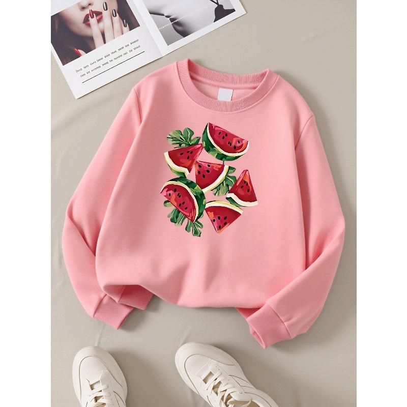 Kids Sweatshirt,Crew Neck Fashion Top, Fun "Watermelon Slices Leaves" Patterned Sweatshirt, Suitable for Everyday Casual Wear