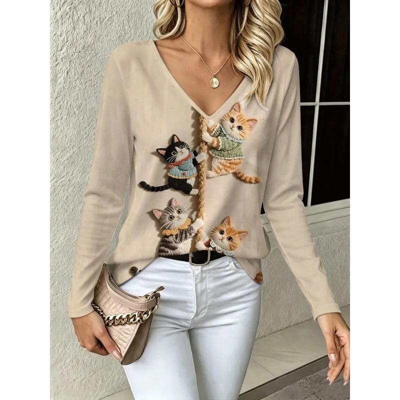 Fashion Women's V-Neck Long Sleeve 3D Animal Color Printing Casual Long Sleeve V-Neck T-Shirt