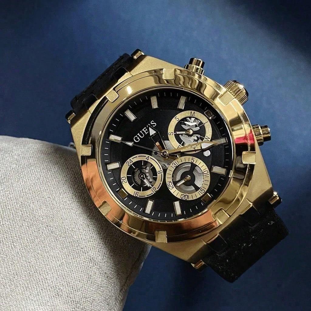 Guess Watches For Men Continental Multifunction Three-eyed Dial Brown/Black/Khaki Leather Strap Watch For Men Gift For Men GW0262G2