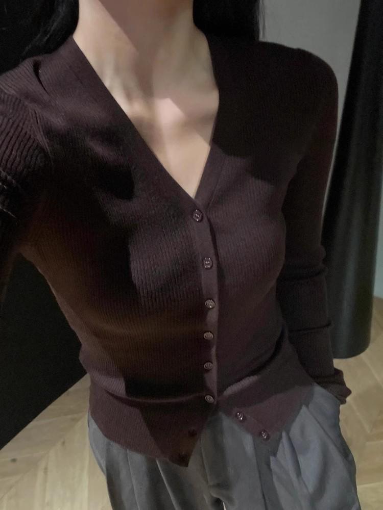 Women's French V-Neck Wool Cardigan: Slim Fit, Autumn/Winter Layer, Short Knit Top