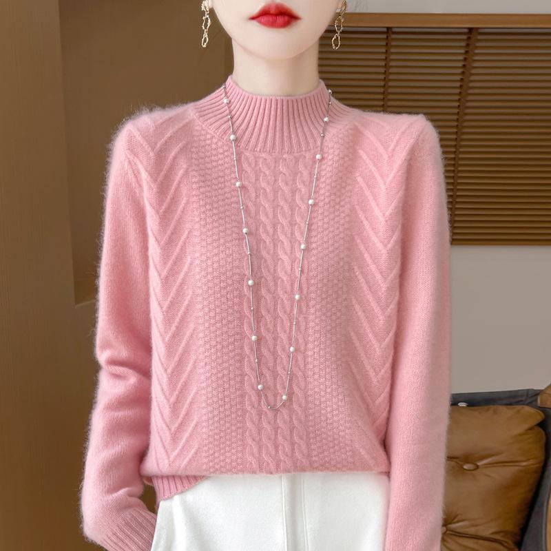 2025 Women's Wool Jacquard Pullover: Cozy Half-High Neck Sweater with Long Sleeves and Age-Reducing Design.