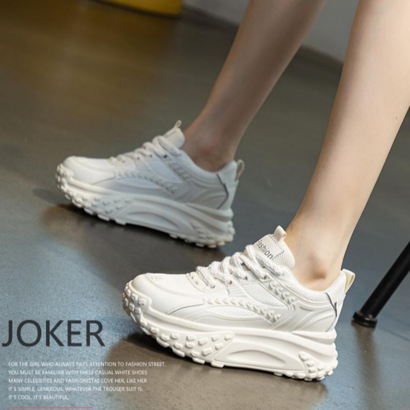 Sommar Andningsbara Nätskor Dam Läder Inre Höjdökning Pappa Skor Tjocka Sulan Mångsidiga Vardagliga Små Vita Skor