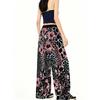 Women's Retro Wide Leg Pants with Leopard and Pink Floral Patchwork - Elastic Drawstring Waist Straight Pants