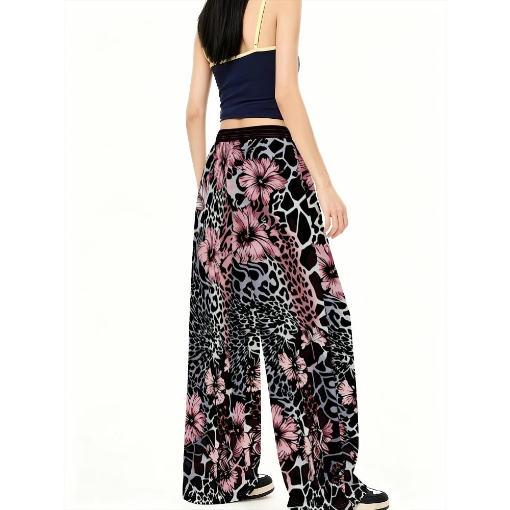 Women's Retro Wide Leg Pants with Leopard and Pink Floral Patchwork - Elastic Drawstring Waist Straight Pants