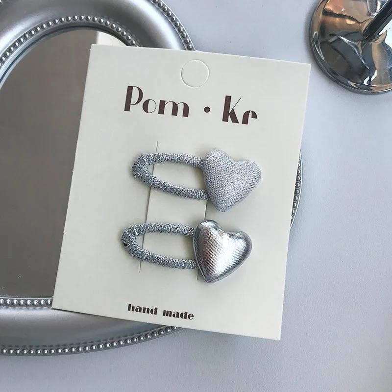 2024 New Silver Leather Bow Hair Clips Headwear Korean Sweet Girls Glittery Heart Hairpins Bangs Hairpin Girl Hair Accessoires