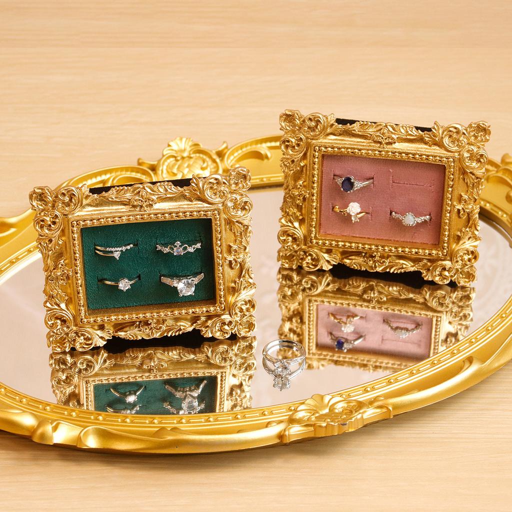 Vintage Gold Ring Display Stand,Suede Earring Tray Baroque Design,Wedding & Birthday Gifts, Velvet Organizer for Engagement Prop