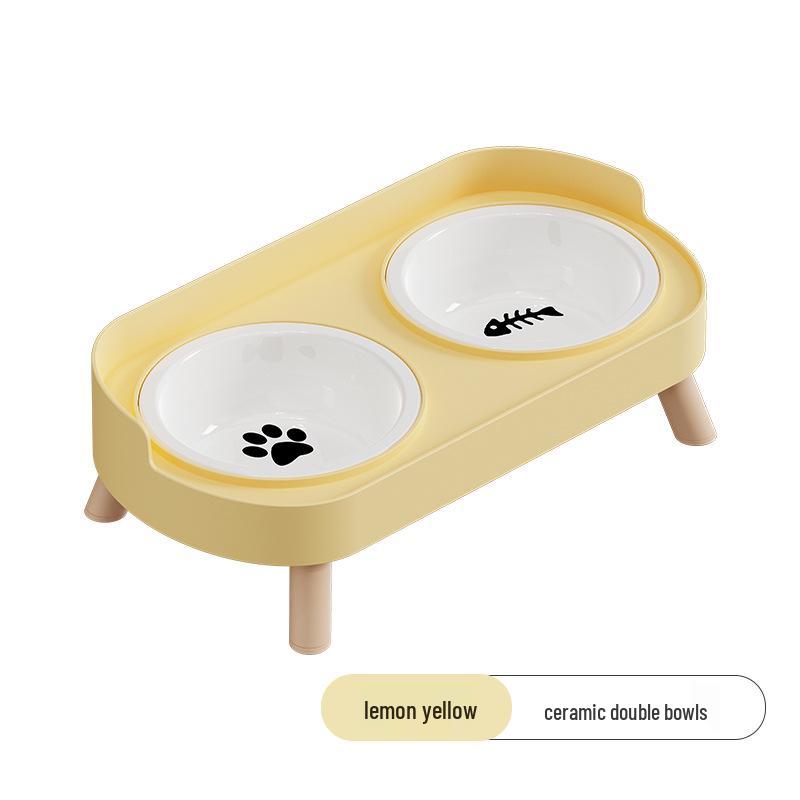 Cross-Border Stainless Steel & Ceramic Dual Cat & Dog Bowl: Anti-Tip, Splash-Proof, Neck Protection Design for Food & Water.