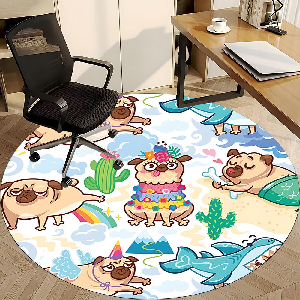 1PC Pug Party Office Round Area Rug, Mat Suitable ForOffice, Under Office Chairs Bedroom Living Room Home Decor, Room Deco
