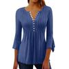 Solid Color Hollow Out V Neck Button Petal Sleeve Loose Commuting Women T Shirt