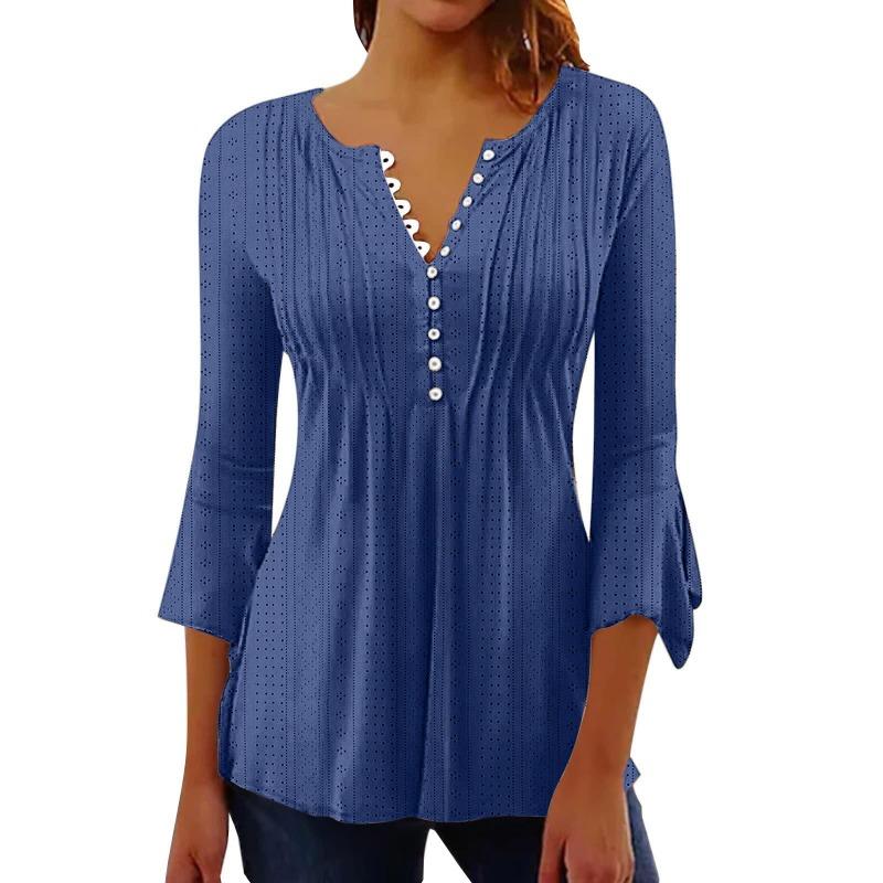 Solid Color Hollow Out V Neck Button Petal Sleeve Loose Commuting Women T Shirt