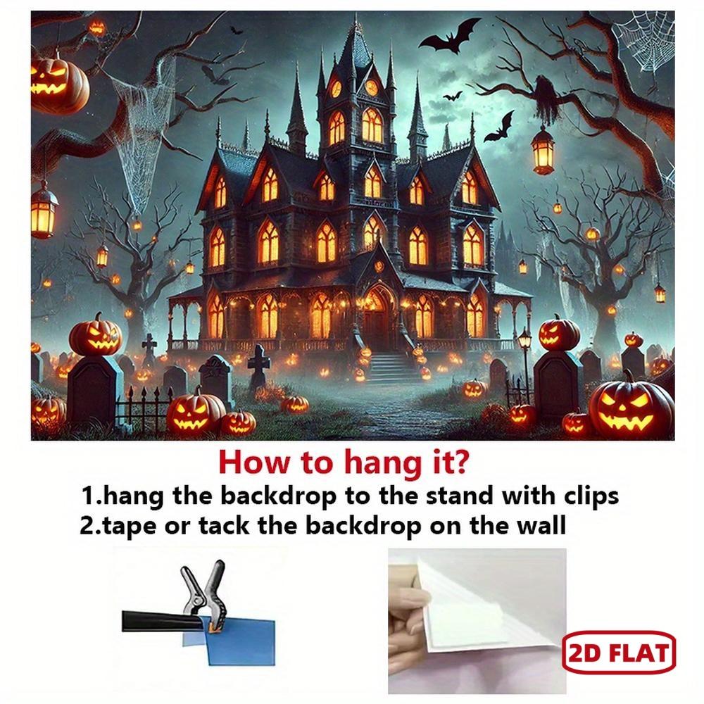 Single Piece Background Banner - Gothic Castle Mansion with Glowing Jack-o-lanterns, Halloween Party Decorations