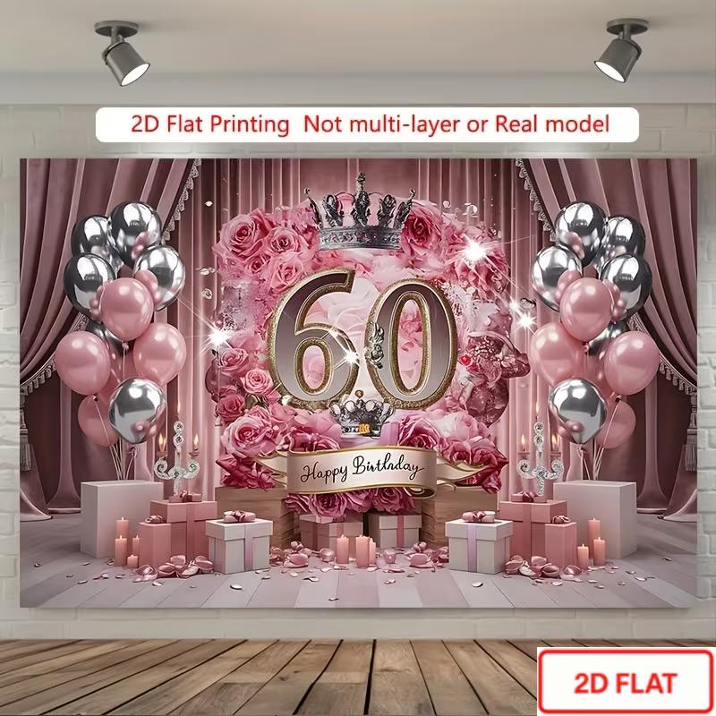 

2D 2D Flat Printing Pink Silver 60th Happy Birthday Backdrop for Photo Booth 47.2x31.5inch/120*80cm