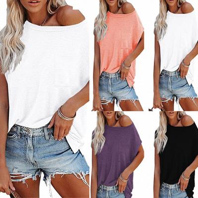 Summer Women's Top Solid Color Pocket Off-the-shoulder Crewneck Short Sleeve T-shirt