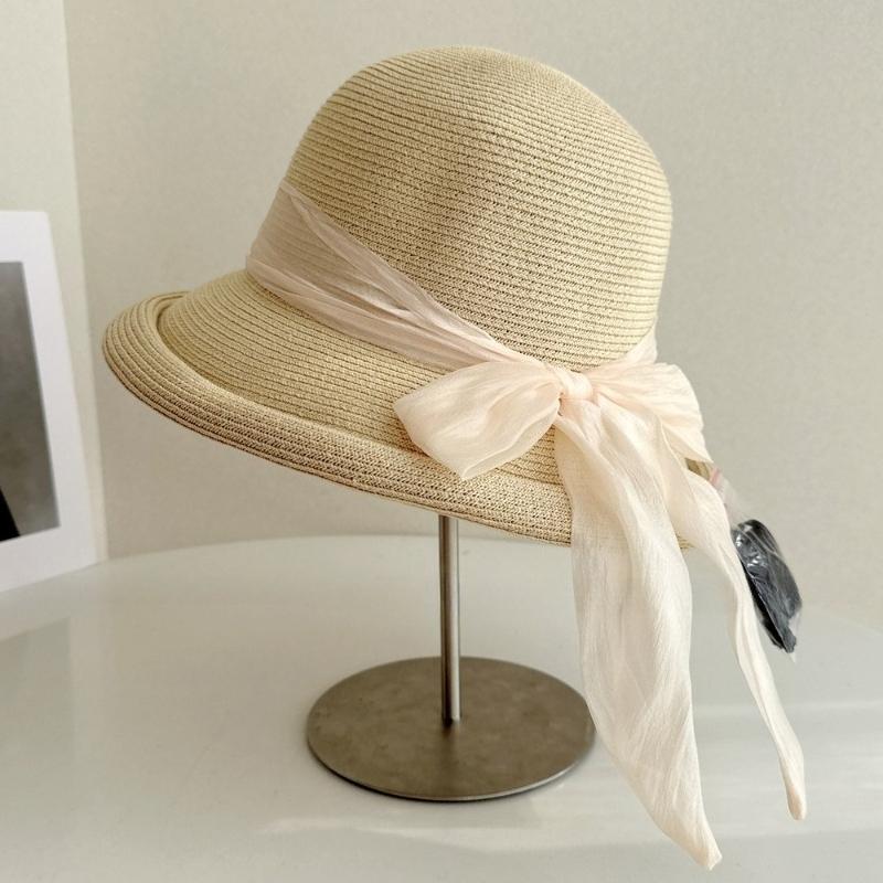 

Pure Hand Crocheted Raffia Fisher Hat Women Delicate And elegant Summer Sun Protection Big Bow Streamer Beach Hat 56-58CM