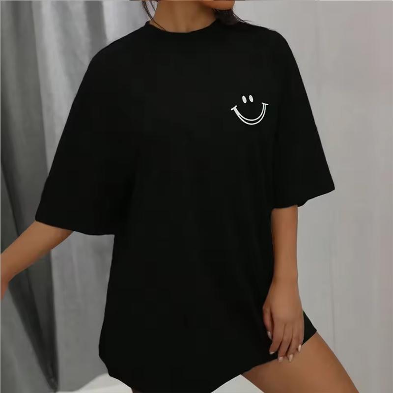 Happy Expression Printed Women Short Sleeve Street Hip Hop Tee Clothing cotton Breathable Tops Crewneck Women T-Shirts