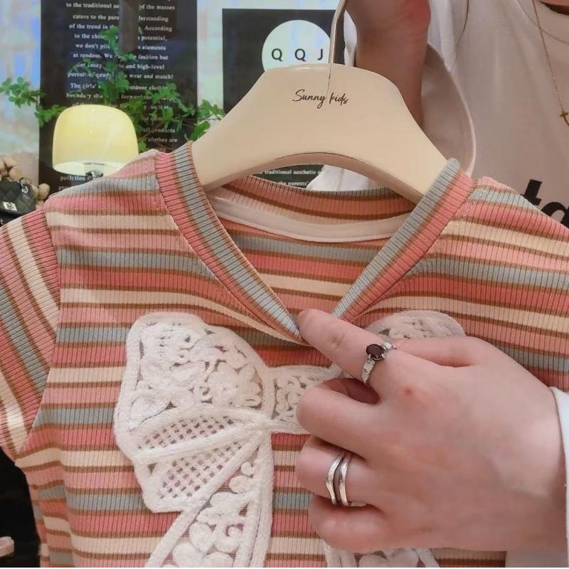2Pcs/Set Baby Girls Clothes Sets Kid Striped Short Sleeved Tops+Pants Suits Toddler Bowknot Costume Summer Children Clothing