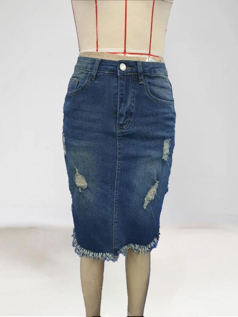 Gonna Midi in Denim a Vita Alta Sfilacciata: Dimagrante, A-line, Aderente ai fianchi