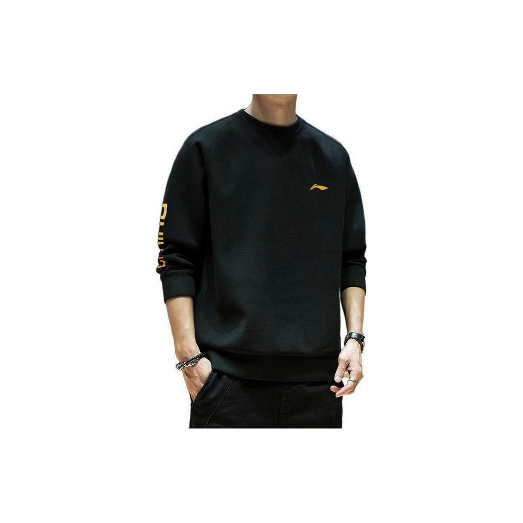 Li Ning Plain Letter Print Fleece Crewneck Sweatshirt Men Sweatshirt Black AWDS469-1
