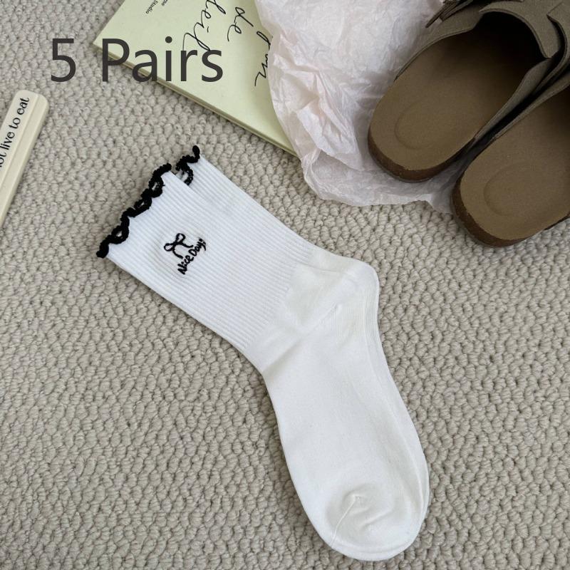

5 пар женских весенних и осенних хлопковых носков с бантом и грибковым кружевом в трубчатом ворсе 5 Pairs белый