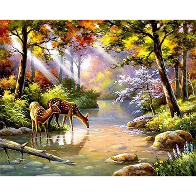 Deer Animal Diamond Mosaic Full Round Diamond Painting Embroidery Forest Landscape Needlework Home Decor
