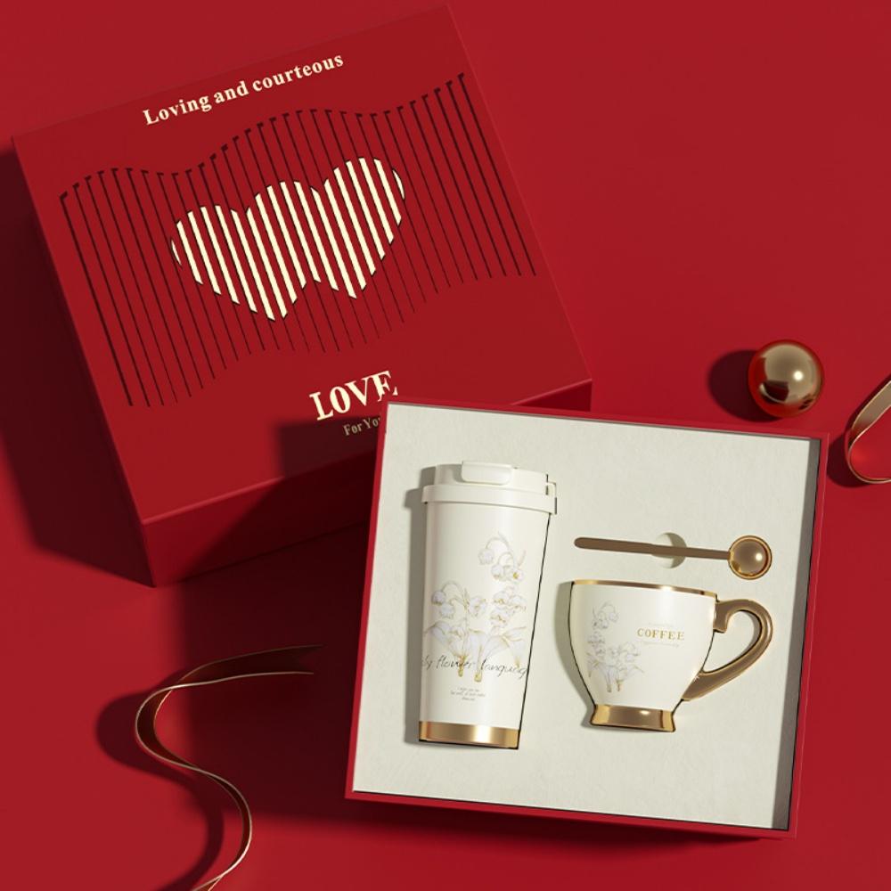 Lyxig Keramisk Kaffe Rese Termosmugg 530ML Och Mug 280ML Set med Presentförpackning - Bröllopspresent Dryckeservice Set