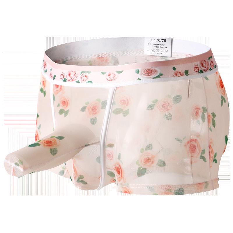 Men's Breathable Ice Silk Boxer Briefs with Separate Pouch and Mesh Print