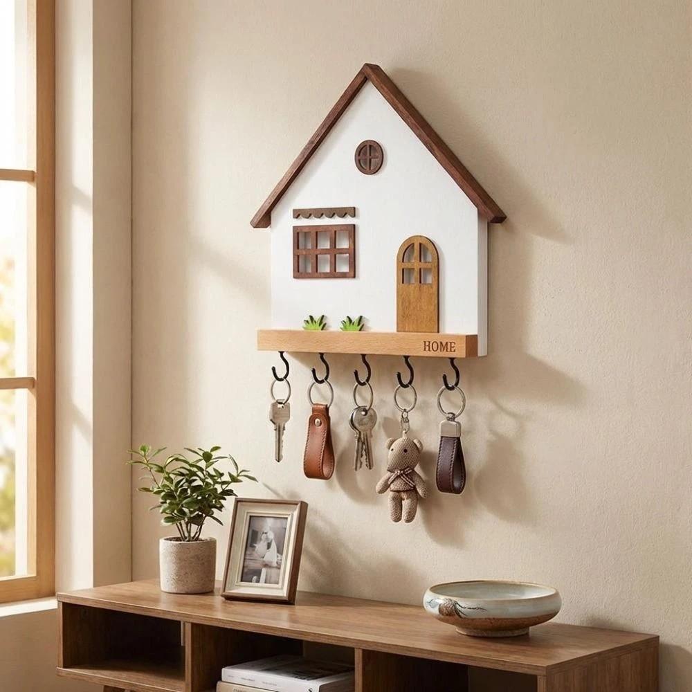 Dekorativní háčky ve tvaru domečku Dřevěný držák na klíče Umělecký design Nástěnný držák na klíče Obývací pokoj