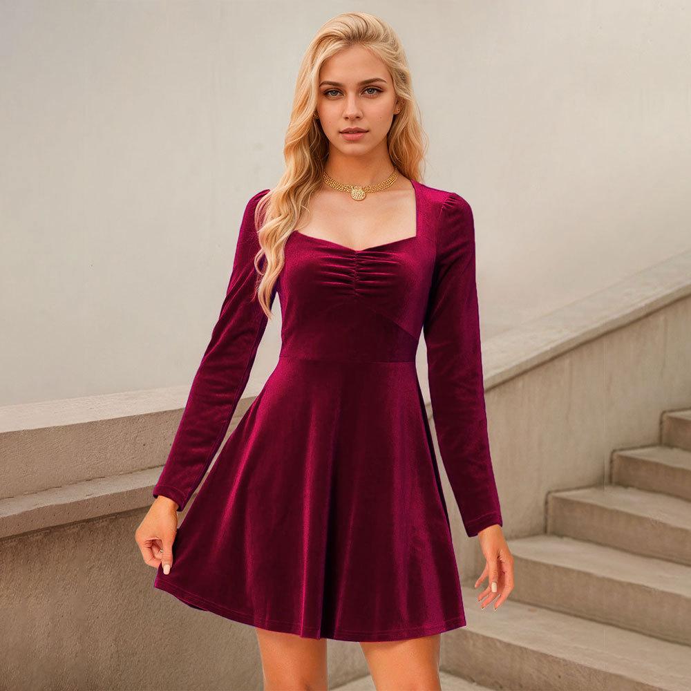 European and American women s clothing burgundy elegant style dress spring and summer temperament velvet slim skirt S бордовый