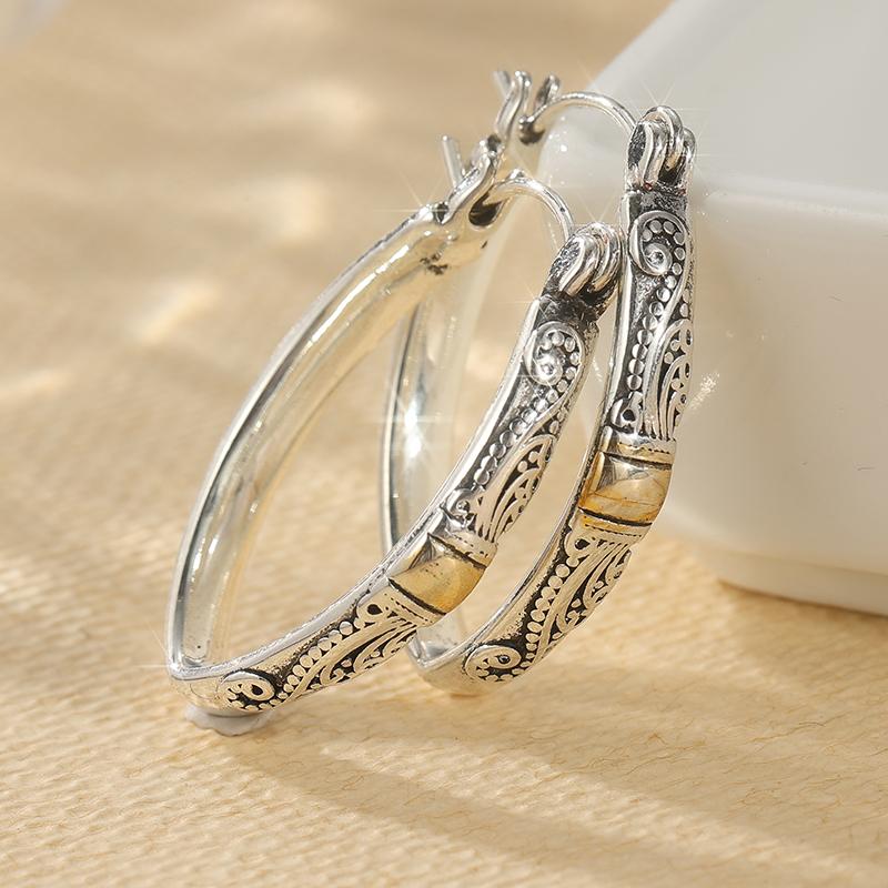Vintage Hand Carved Texted Silvery Plated Hoop Earrings for Women's Exquisite  Party Vacation Jewelry Accessories Crafts