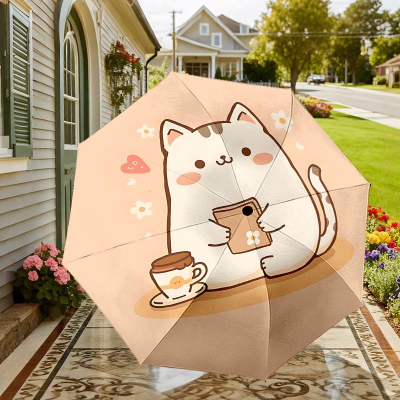 Charming Cat with Coffee and Book: Cute Day Companion   Auto Open/Closed Umbrella, Outdoor Travel Accessory, Lightweight & Durable 118
