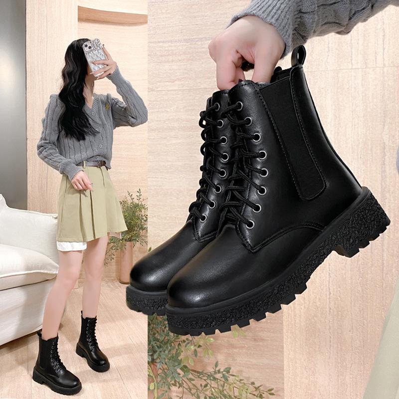 Women's Boots Medium Heel Round Head Cut West Boots 2025 Autumn New Korean Version Patent Leather Women's Shoes Comfortable Martin Boots