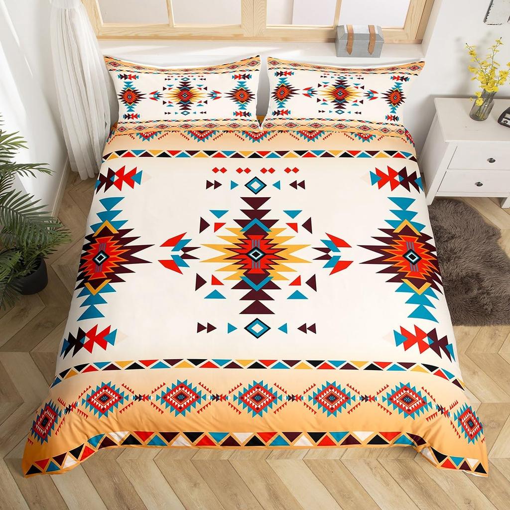 Geometric Aztec Duvet Cover Twin Queen Size,Horseshoe Cactus Western Cowboy Bedding Set,Southwest Rustic Farmhouse Quilt Cover