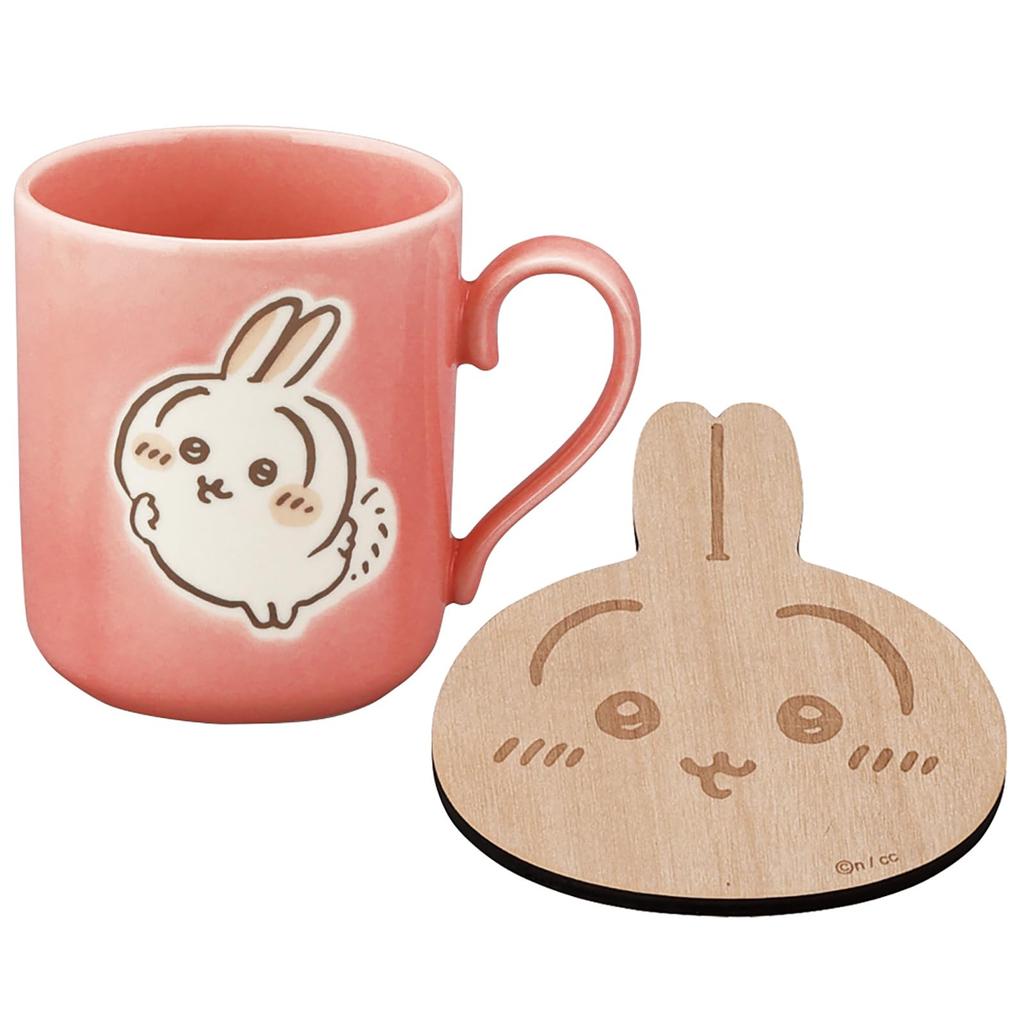 Officially Licensed Chiikawa Mug, Wooden Coaster, and Dinnerware Set (300ml), Approximately 8x9cm Diameter, Rabbit Colors, Microwave and Dishwasher