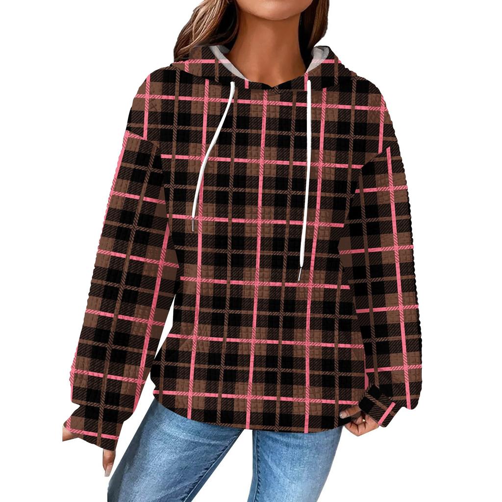 Women's Fashion Loose Hooded Pullover Long Sleeve Plaid Sweatshirt with Drawstring Drop Shoulder and Pocket Print Top